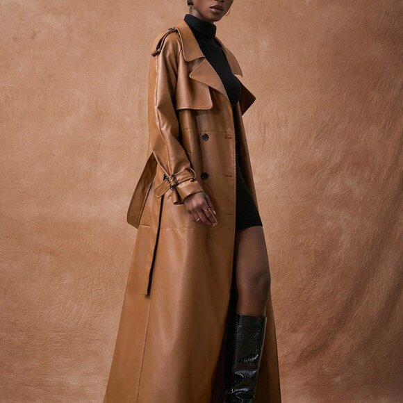 Brown Elegant Women's Long Trench Coat With Pockets - Picture 1 of 8